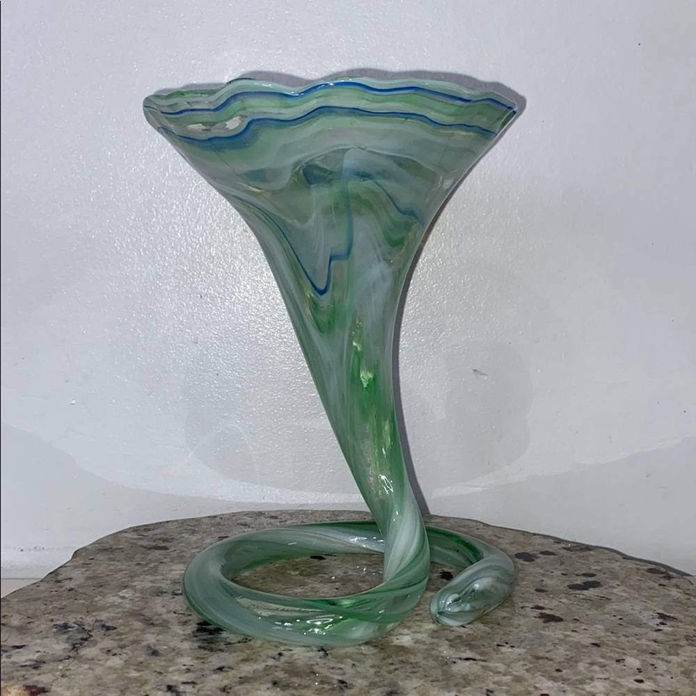 Hand Blown Green White Blue Swirl Art Glass Vase Unique Statement Piece 8.5”
